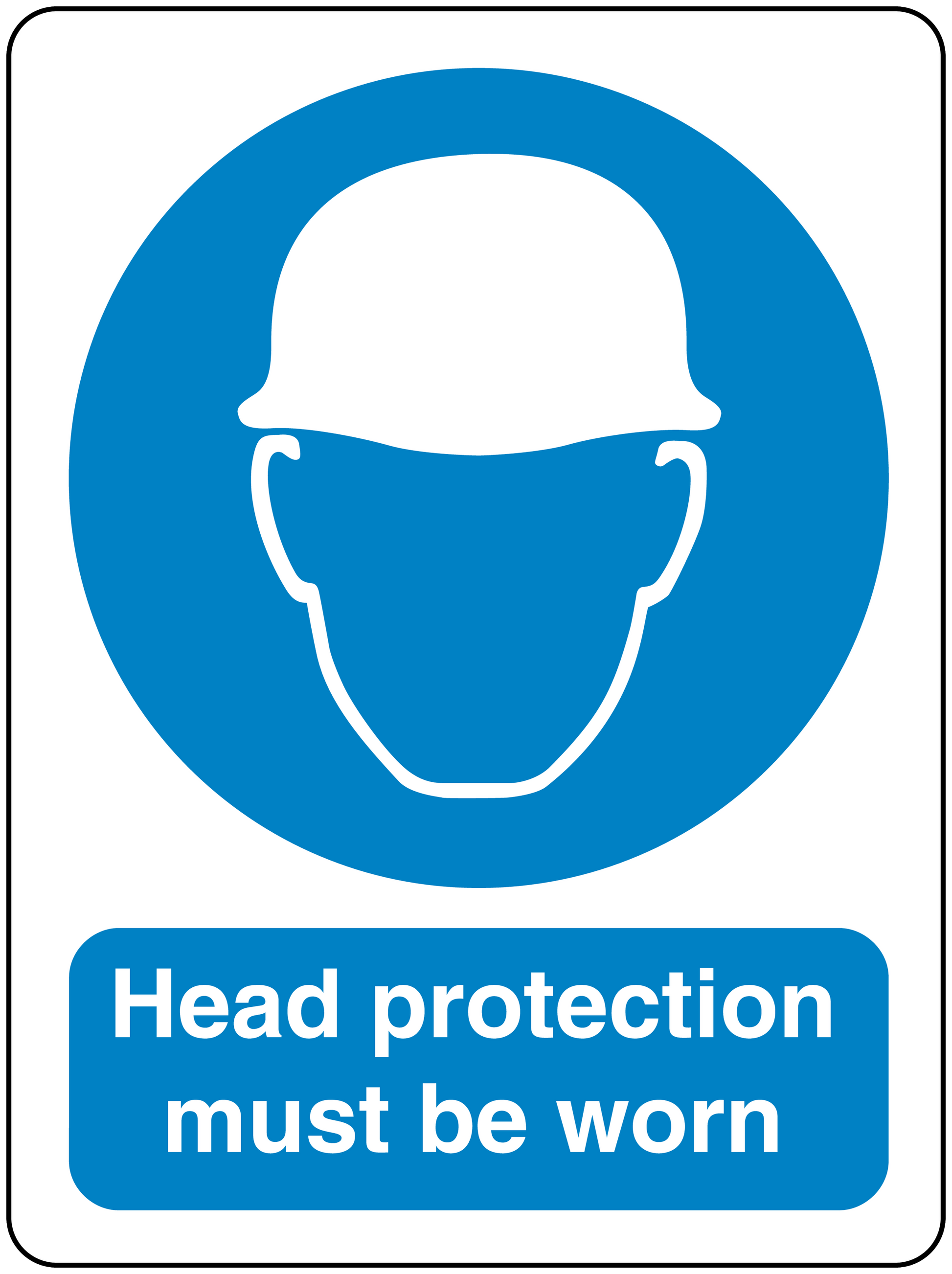 Safety sign sticker: blue circle with white helmet icon; 'Head protection must be worn'.
