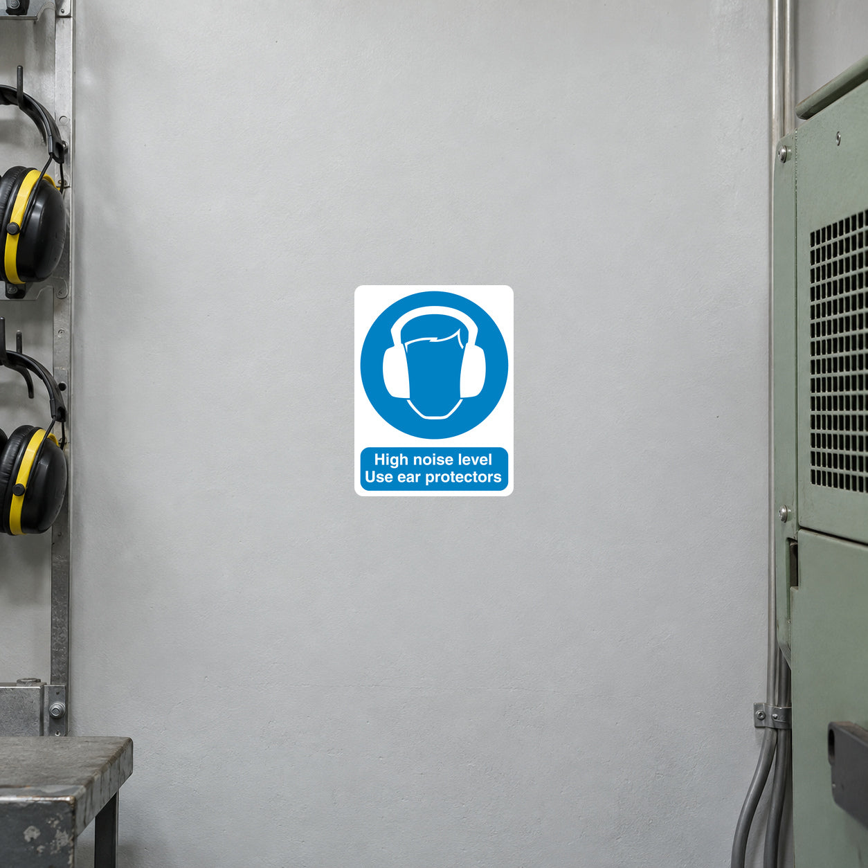 Blue ear protection safety sign sticker: high noise level, use ear protectors