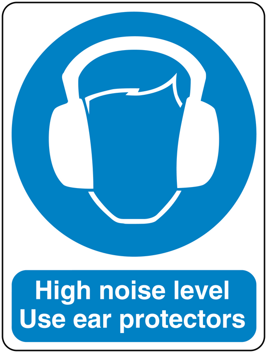 Safety sign sticker with ear protectors icon; text: High noise level, Use ear protectors
