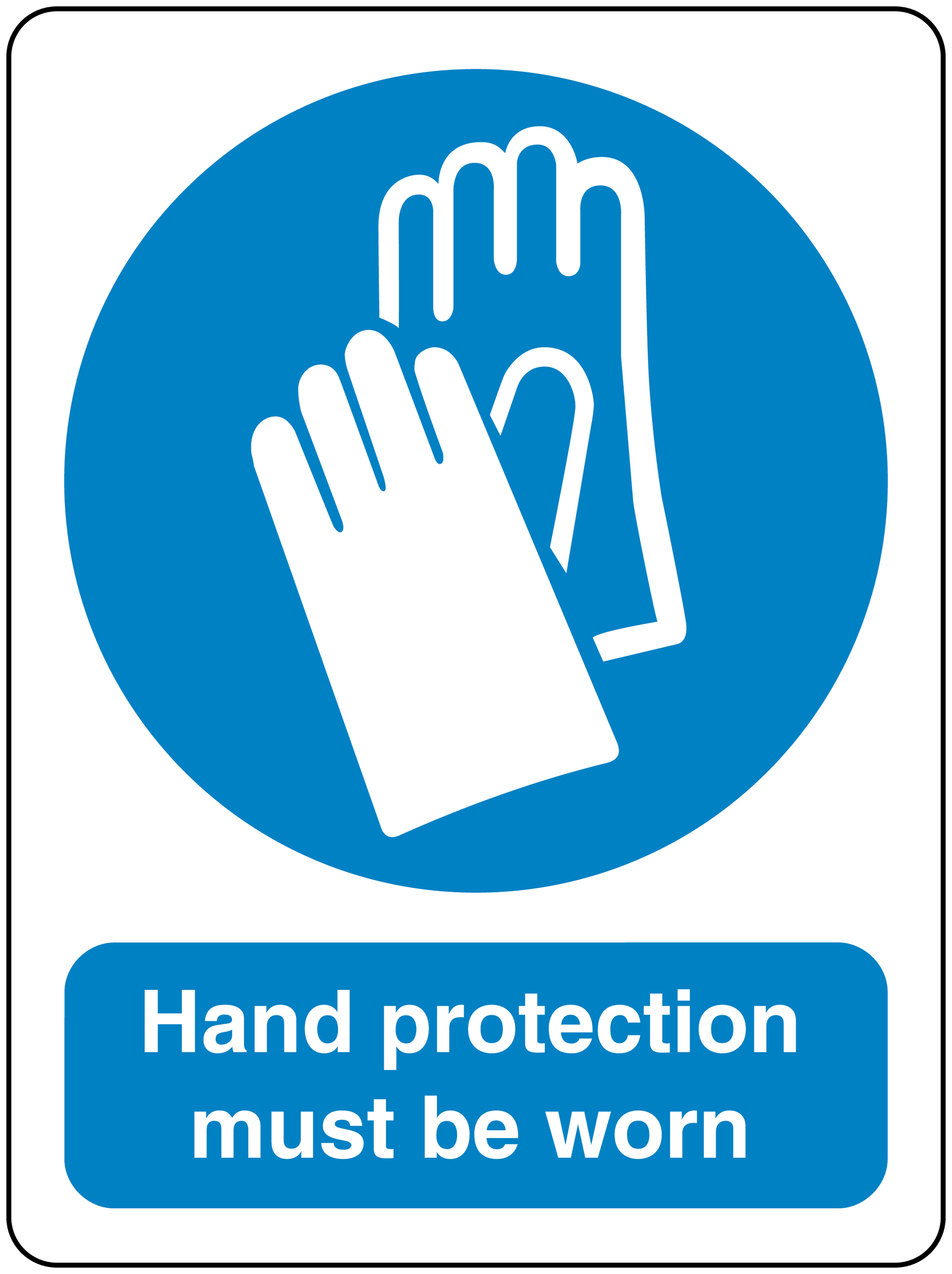 Safety sign sticker with blue circle hand icon and text: Hand protection must be worn