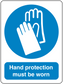 Safety sign sticker with blue circle hand icon and text: Hand protection must be worn