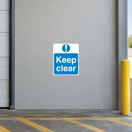 Keep clear safety sign sticker, blue and white square with exclamation icon