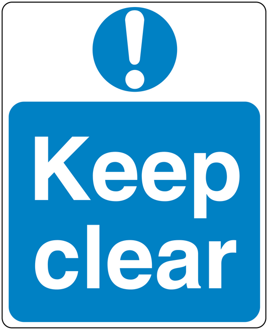 Safety sign sticker: blue “Keep clear” notice with warning exclamation symbol