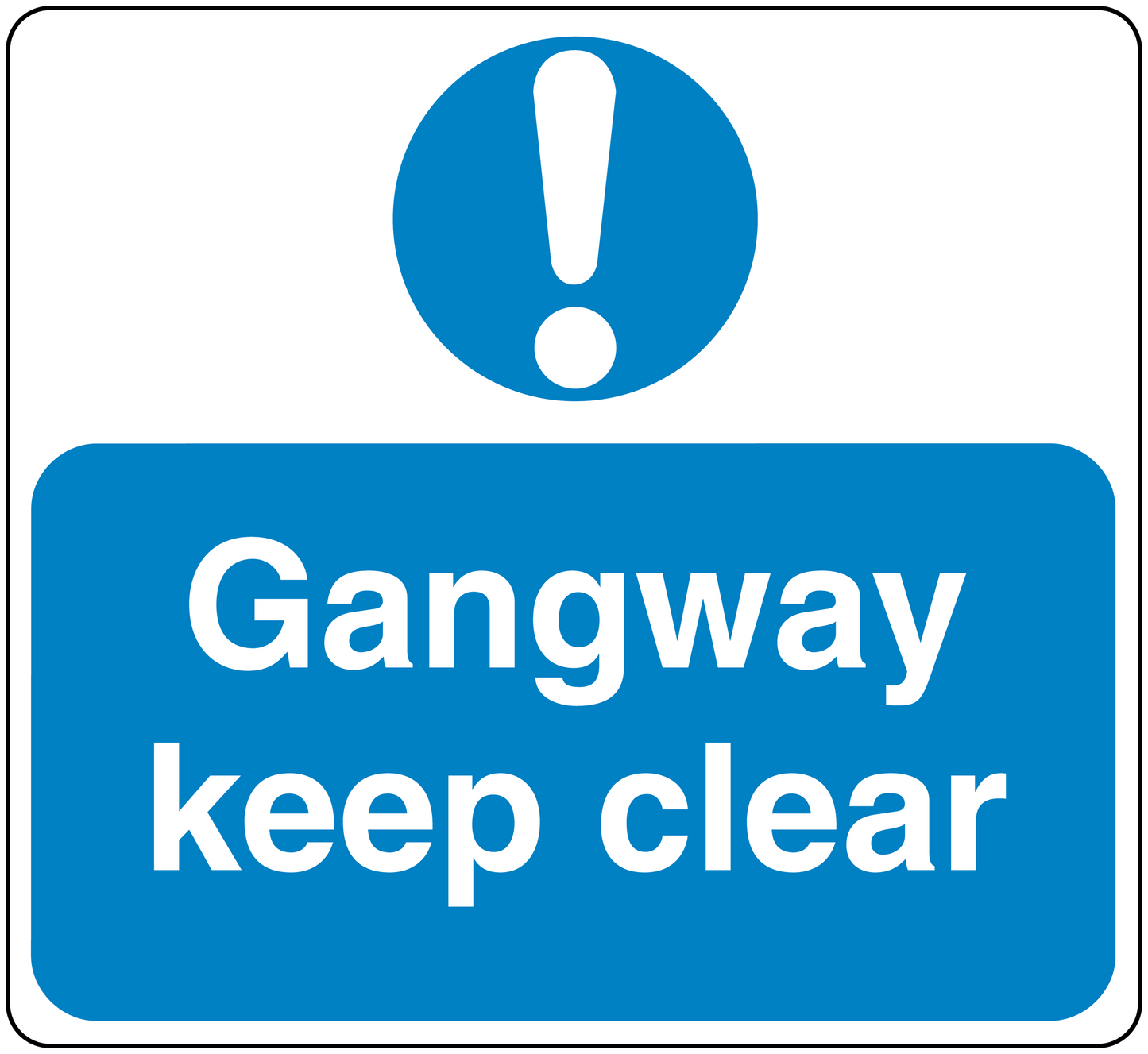 Safety sign sticker with blue exclamation icon and text 'Gangway keep clear'