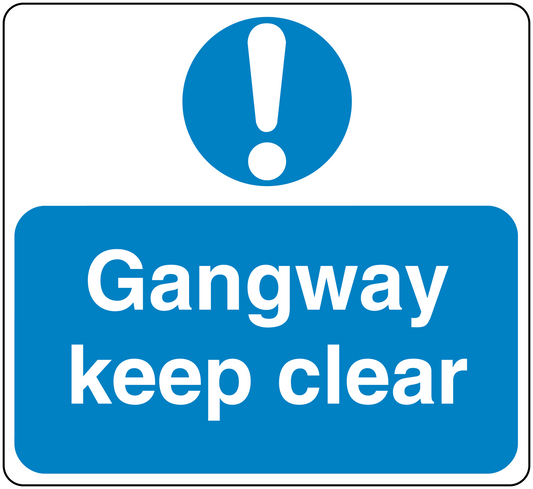 Safety sign sticker with blue exclamation icon and text 'Gangway keep clear'