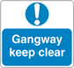 Safety sign sticker with blue exclamation icon and text 'Gangway keep clear'