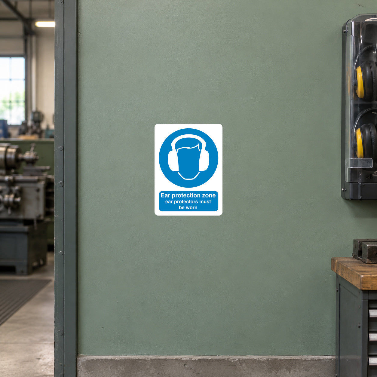Safety sign sticker: white square with blue ear protection zone icon