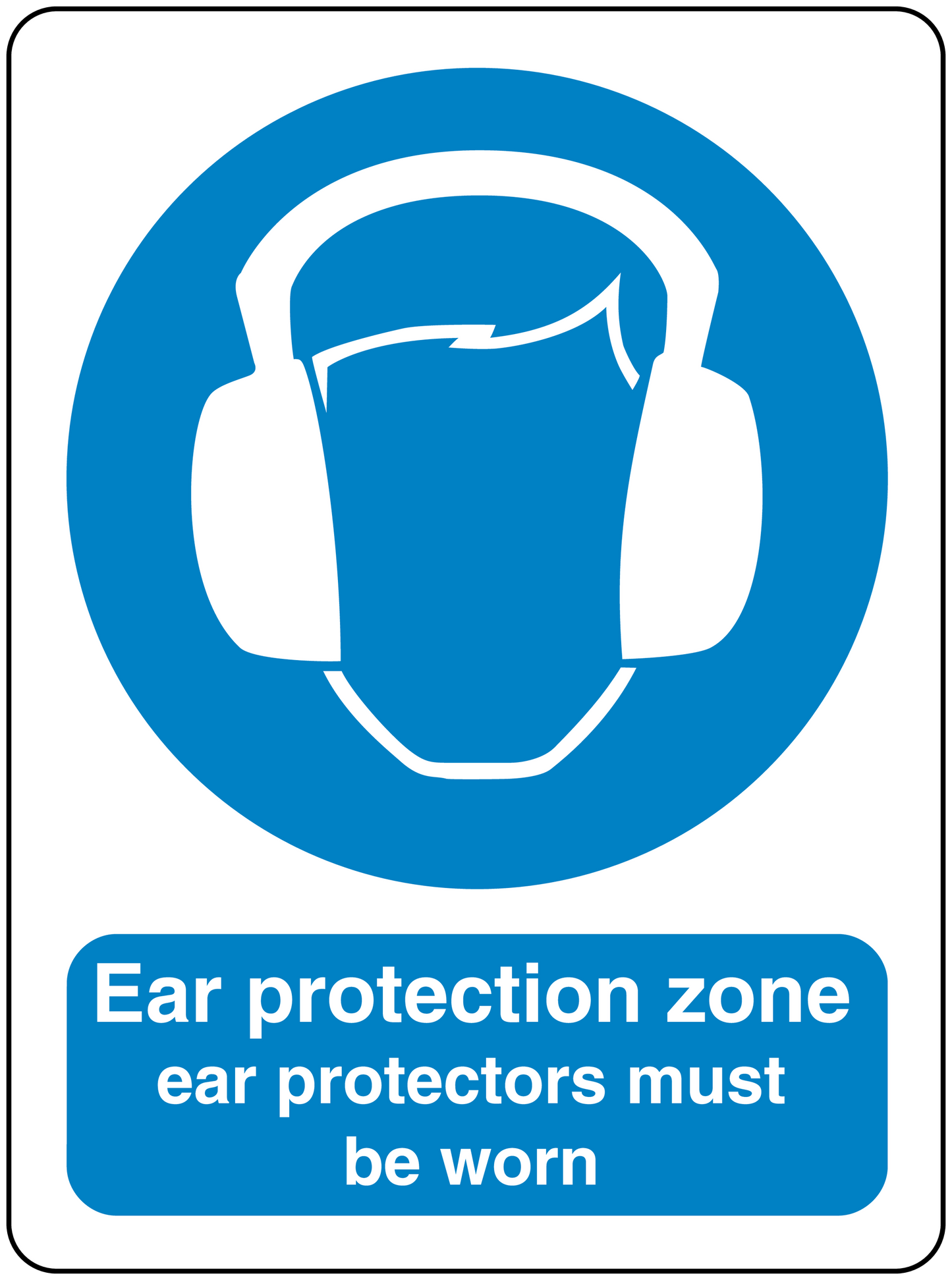 Safety sign sticker with blue ear protection icon and text: 'Ear protection zone'.