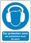 Safety sign sticker with blue ear protection icon and text: 'Ear protection zone'.