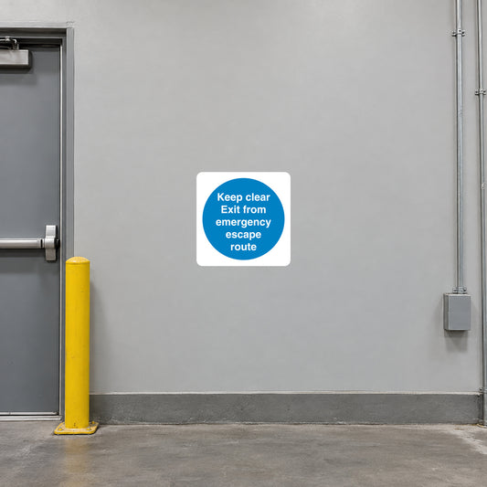 Safety sign sticker with blue text: "Keep clear Exit from emergency escape route"