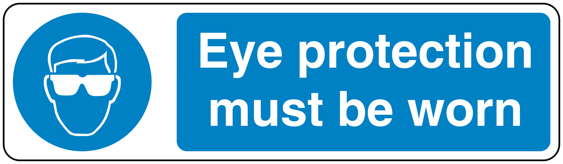 Safety sign sticker with goggles icon and text “Eye protection must be worn”
