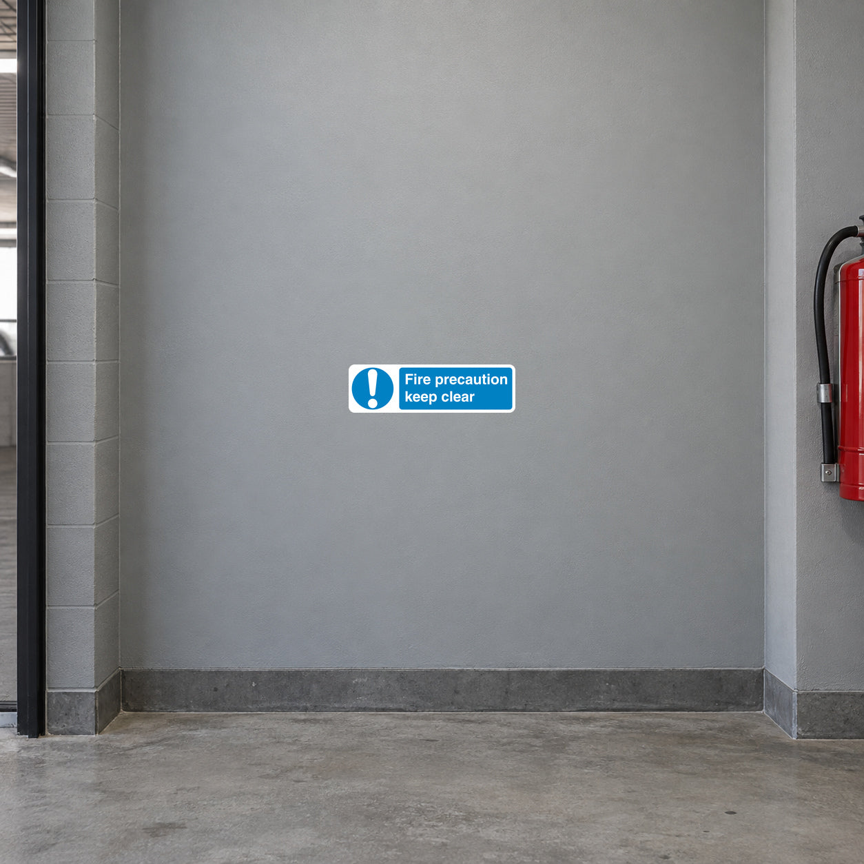 Safety sign sticker with exclamation icon and text “Fire precaution keep clear”