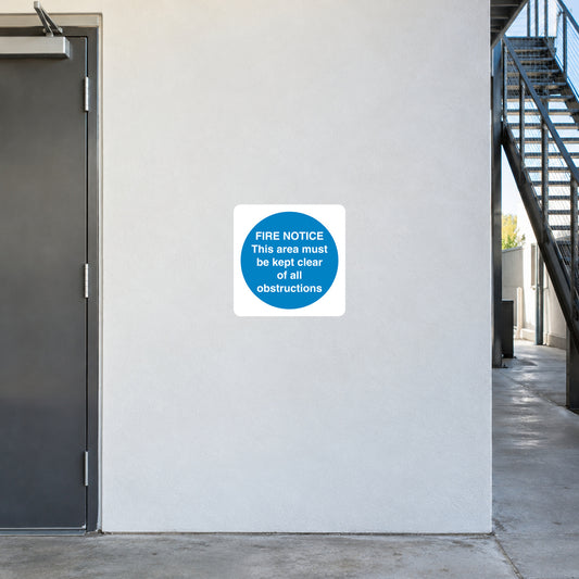 Square safety sign sticker with blue fire notice text on white background