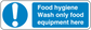 Safety sign sticker: blue exclamation icon, text 'Food hygiene; Wash only food equipment here'.