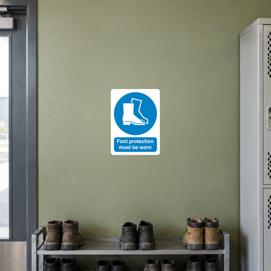 Safety sign sticker: foot protection must be worn, blue icon on white square