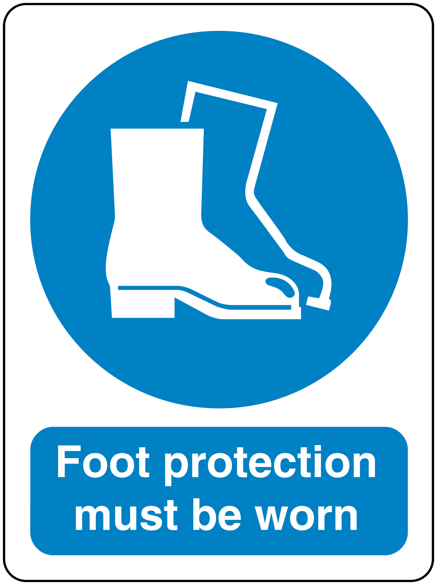 Safety sign sticker: blue circle with white boot icon and 'Foot protection must be worn'