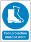 Safety sign sticker: blue circle with white boot icon and 'Foot protection must be worn'