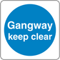 Safety sign sticker with blue circle and white text: “Gangway keep clear”
