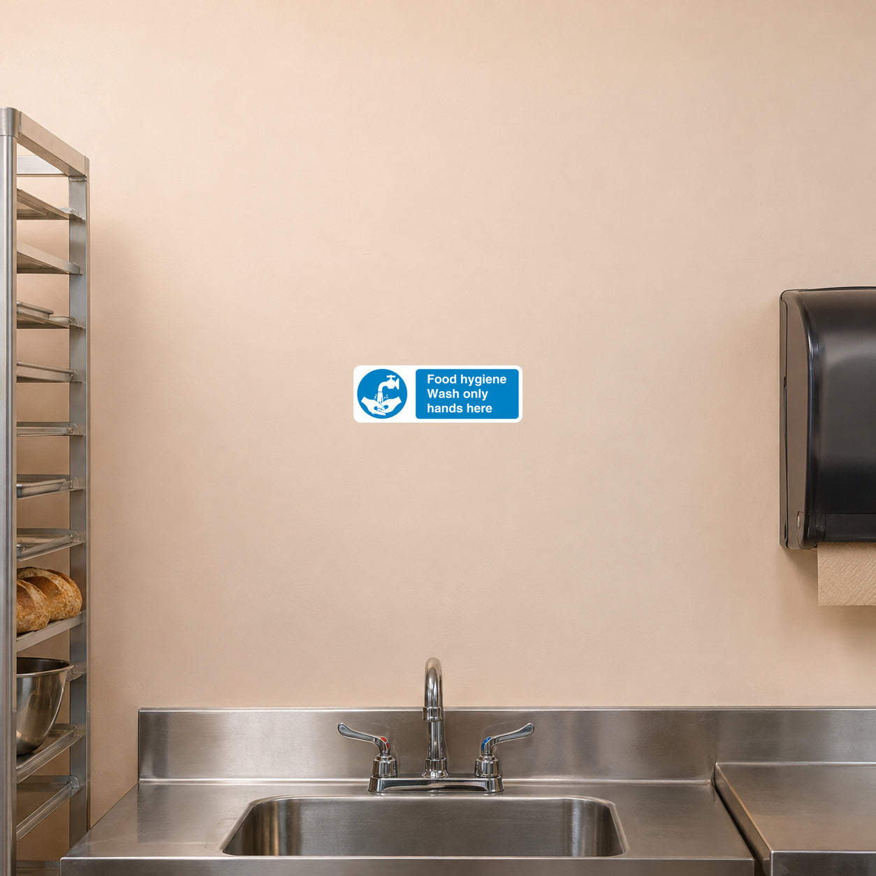 Blue and white food hygiene safety sign sticker: “Wash only hands here”