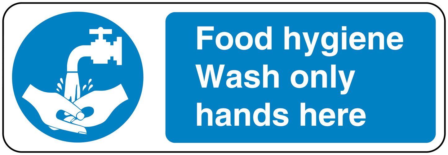 Safety sign sticker with hand-washing icon and text: Food hygiene, Wash only hands here.
