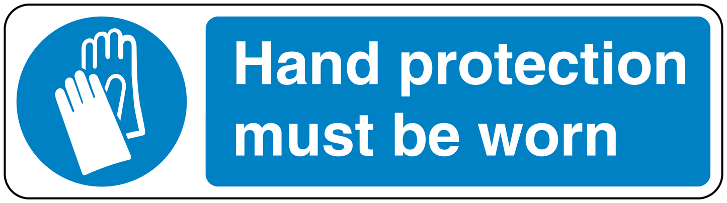 Safety sign sticker with blue hand icon and text: Hand protection must be worn