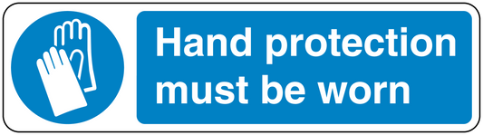 Safety sign sticker with blue hand icon and text: Hand protection must be worn