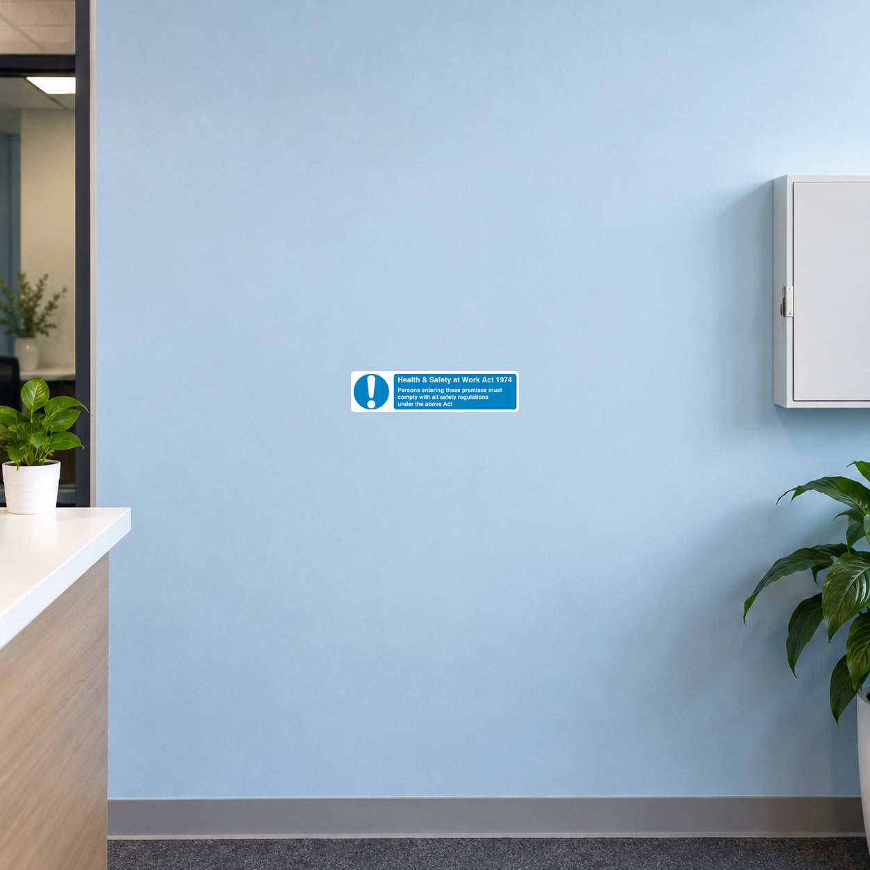 Blue safety sign sticker with white exclamation mark and notice text