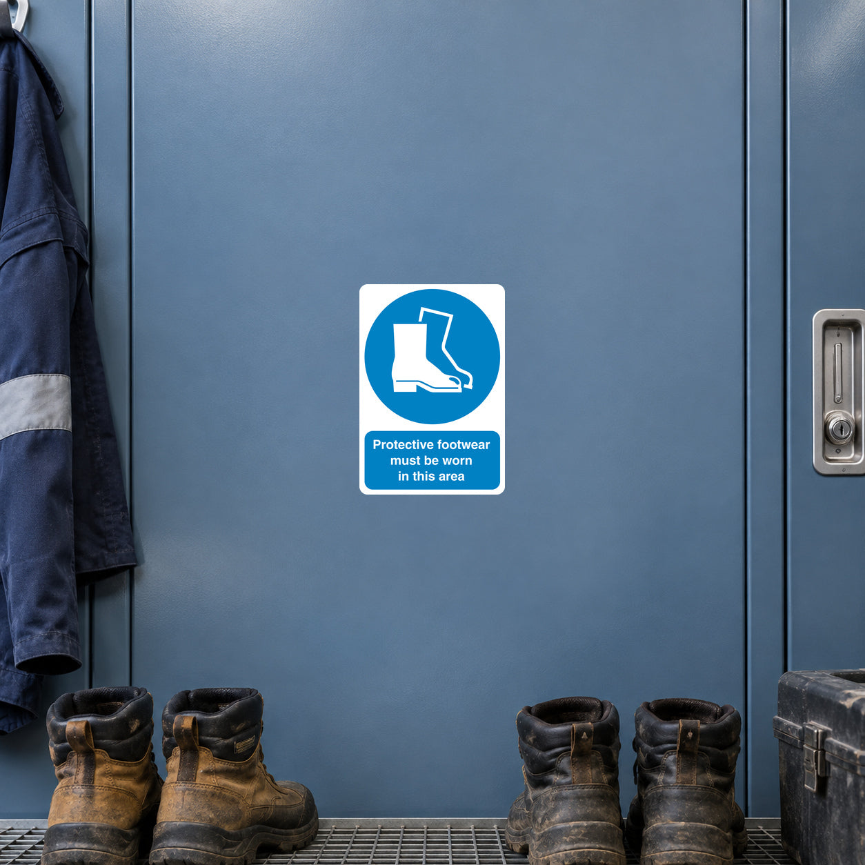Safety sign sticker with blue boot icon and text: Protective footwear must be worn in this area