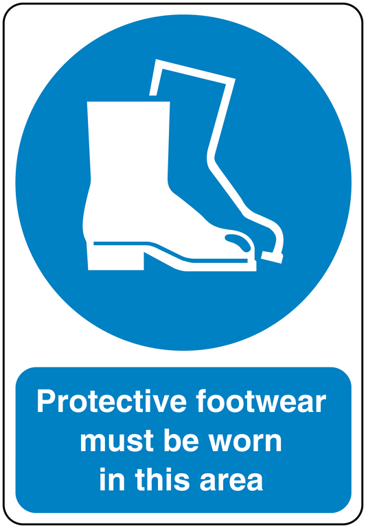 Safety sign sticker with blue circle and text: Protective footwear must be worn in this area