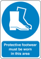 Safety sign sticker with blue circle and text: Protective footwear must be worn in this area