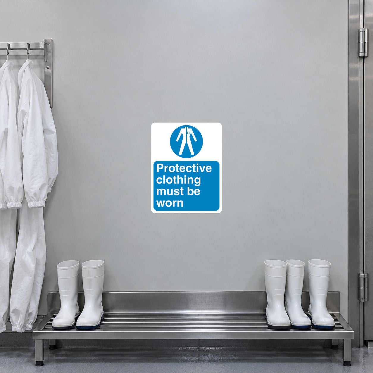 Blue and white safety sign sticker: protective clothing must be worn