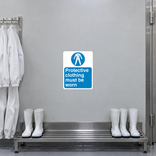 Blue and white safety sign sticker: protective clothing must be worn