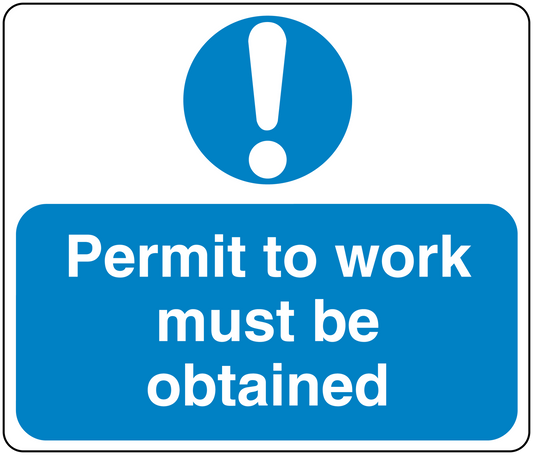 Safety sign sticker with exclamation symbol and text: Permit to work must be obtained