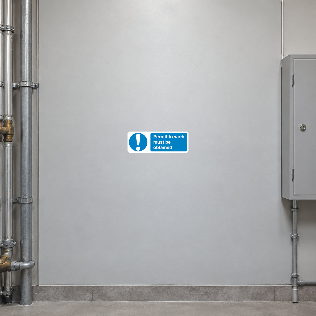 Safety sign sticker: blue permit-to-work notice with exclamation icon