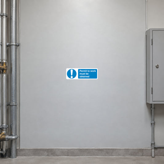 Safety sign sticker: blue permit-to-work notice with exclamation icon