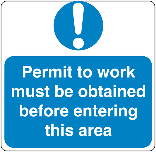 Safety sign sticker with blue exclamation and 'Permit to work' warning text