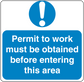 Safety sign sticker with blue exclamation and 'Permit to work' warning text