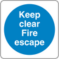 Safety sign sticker with blue circle reading “Keep clear Fire escape”