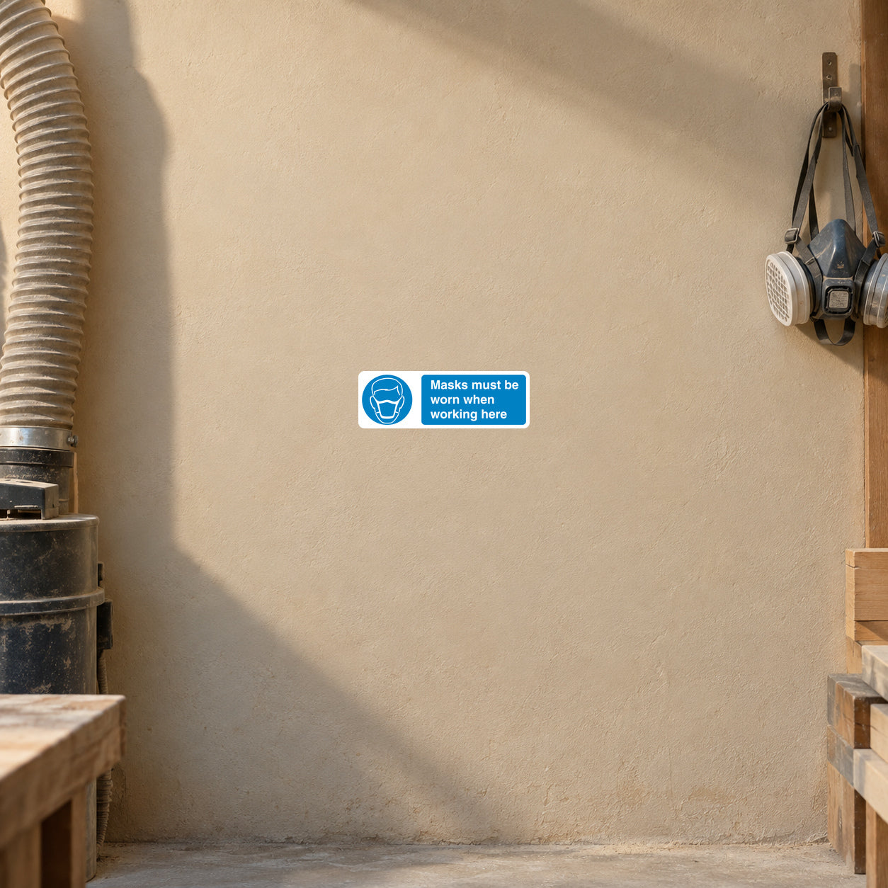 Safety Sign Sticker applied in a smooth pale tan wall outside a dusty sanding workshop, respirator on hook extreme right and extraction hose far left, clear central wall