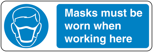 Safety sign sticker with face mask icon and text: 'Masks must be worn when working here'