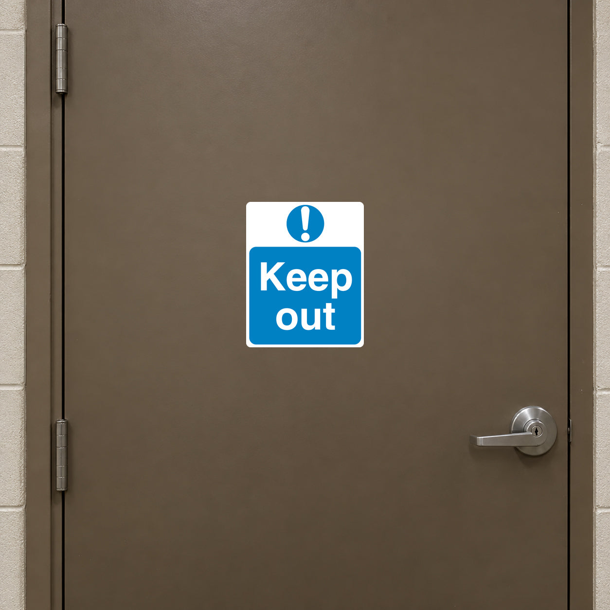 Keep out safety sign sticker, white and blue with exclamation mark