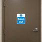 Keep out safety sign sticker, white and blue with exclamation mark
