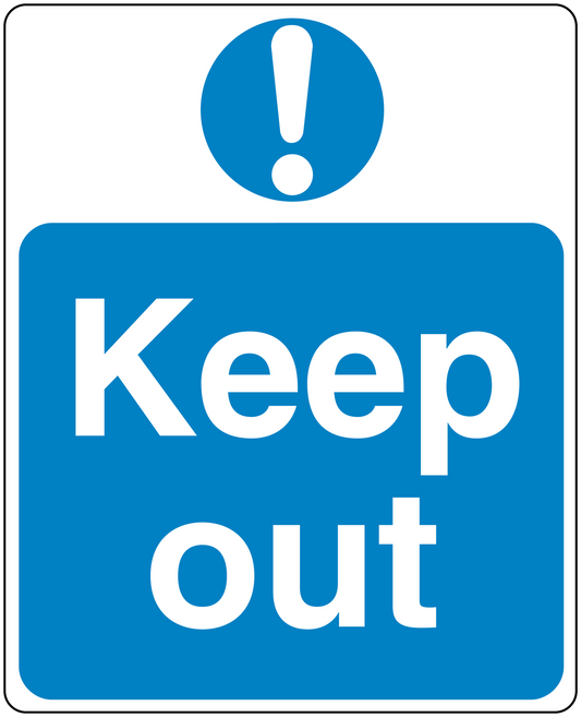 Keep Out safety sign sticker with blue background and white exclamation symbol