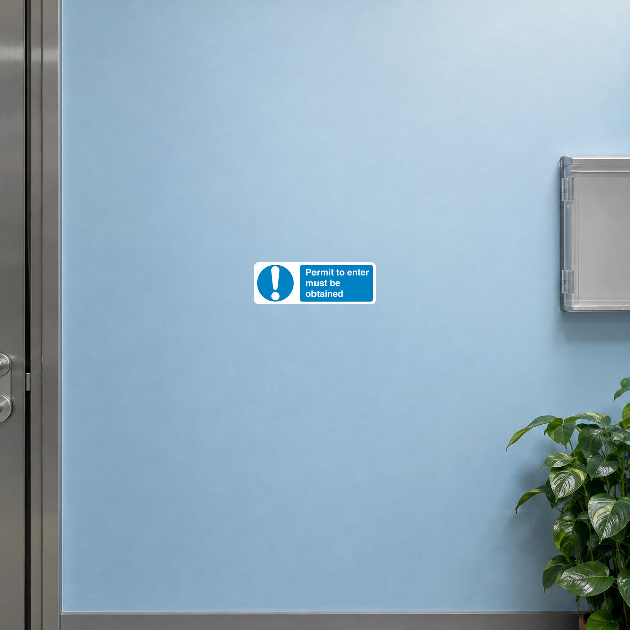 Blue safety sign sticker with exclamation and text: Permit to enter must be obtained