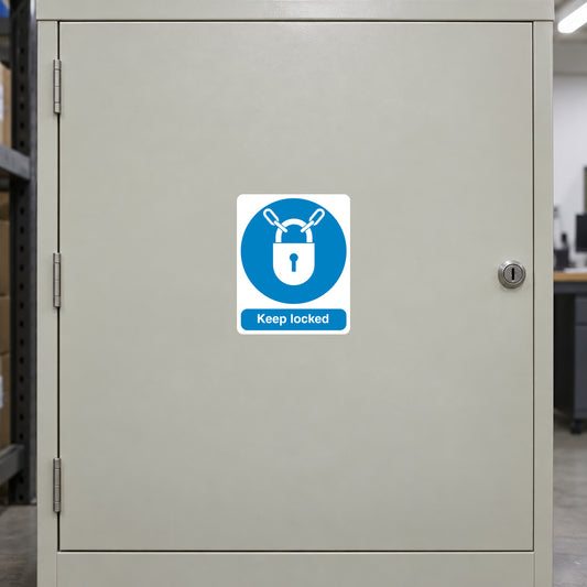 Safety sign sticker with blue lock icon and Keep Locked text