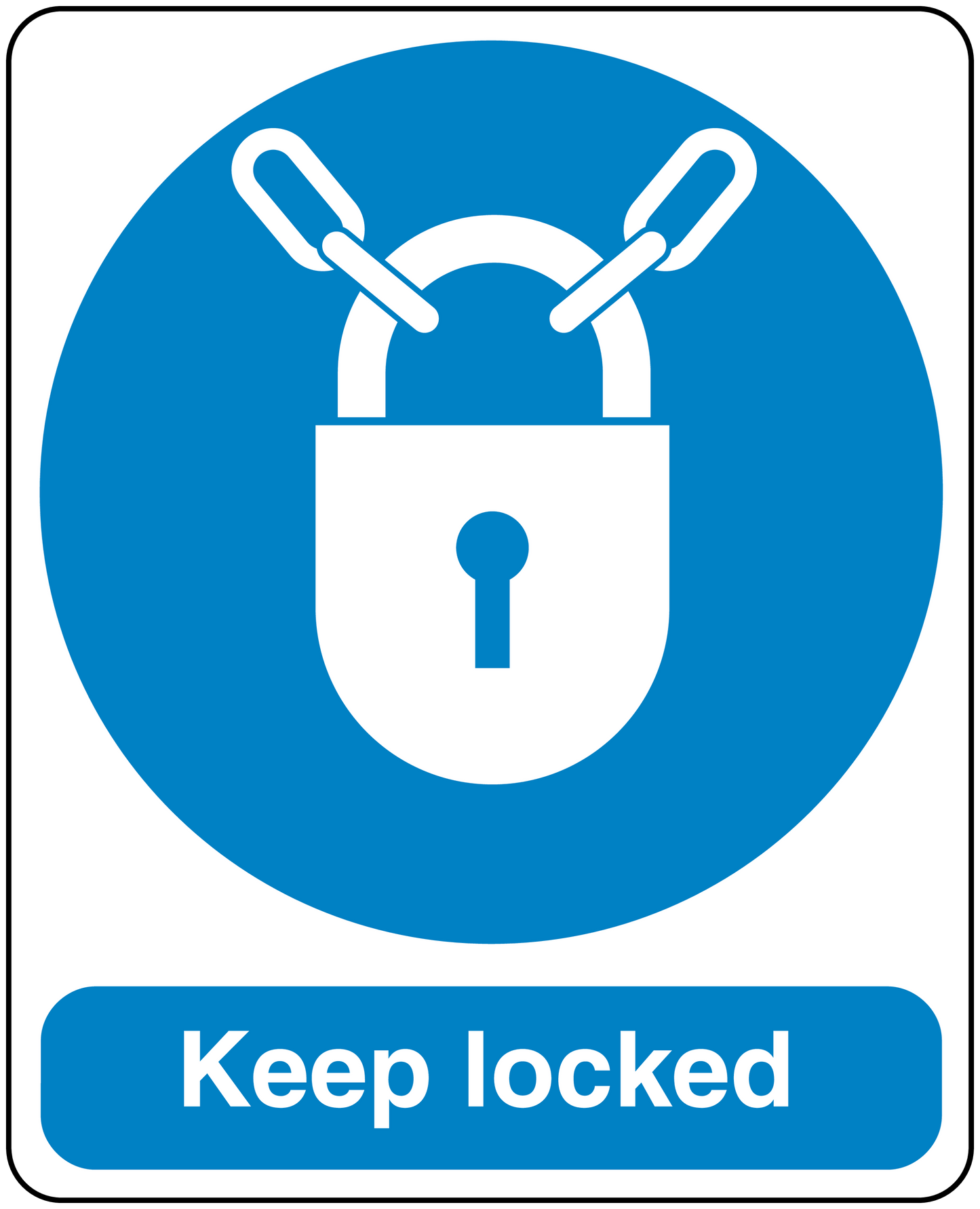 Safety sign sticker with blue lock icon and text "Keep locked".