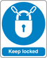 Safety sign sticker with blue lock icon and text "Keep locked".