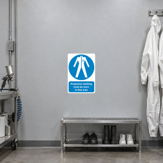 White safety sign sticker with blue icon and 'Protective clothing must be worn in this area'