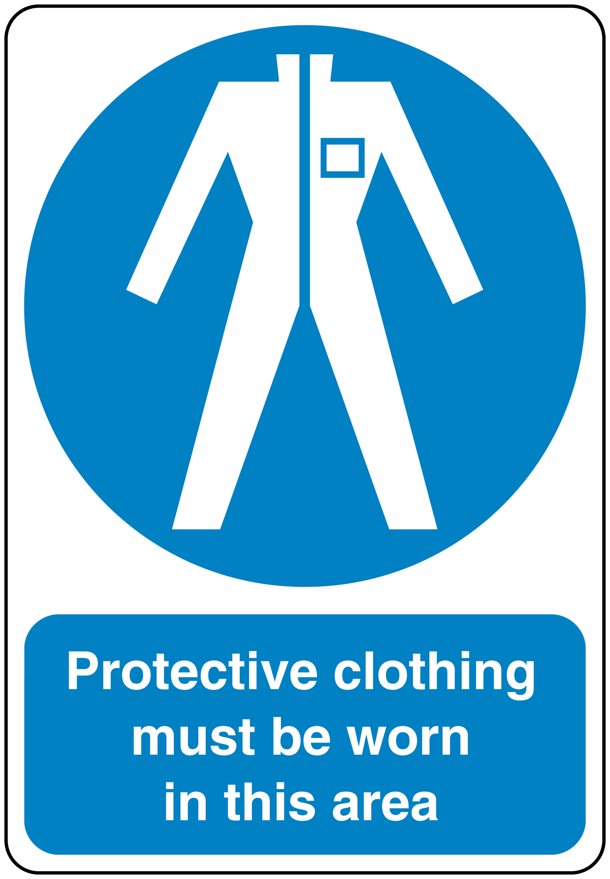 Safety sign sticker: blue hazard circle and text 'Protective clothing must be worn in this area'