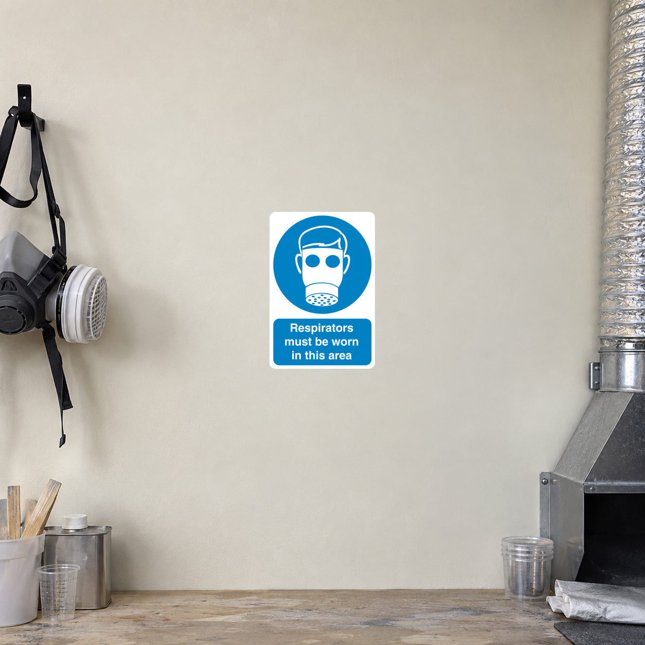 Safety sign sticker: respirators must be worn in this area, blue icon on white